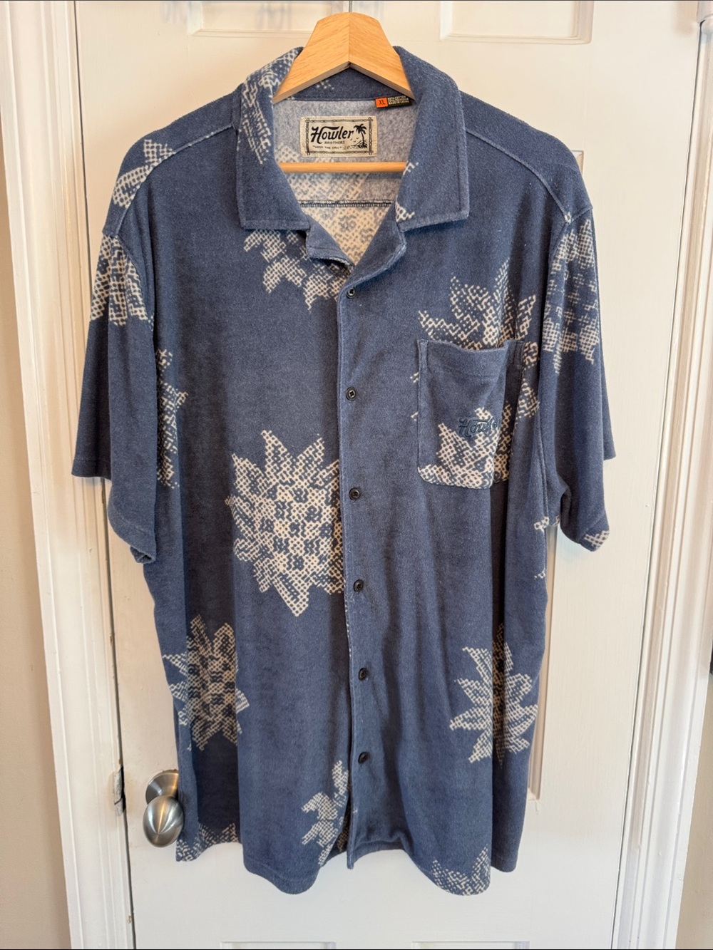 Howler Brothers Terrycloth Blue Short-Sleeve Button-Up White Floral Pattern